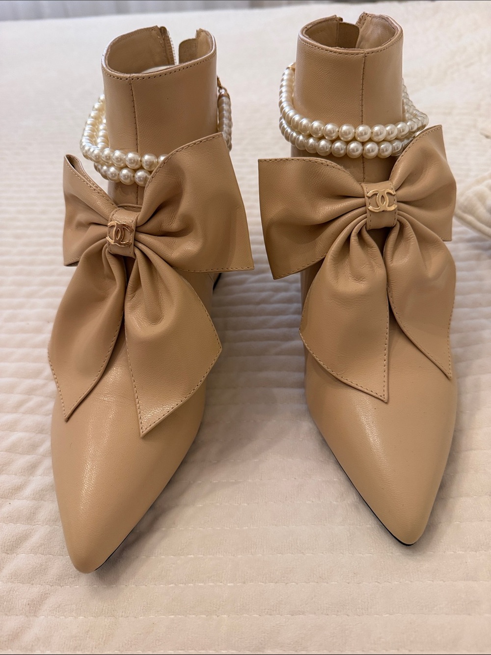 Beige Bow Ankle Boots with Pearl Wrap